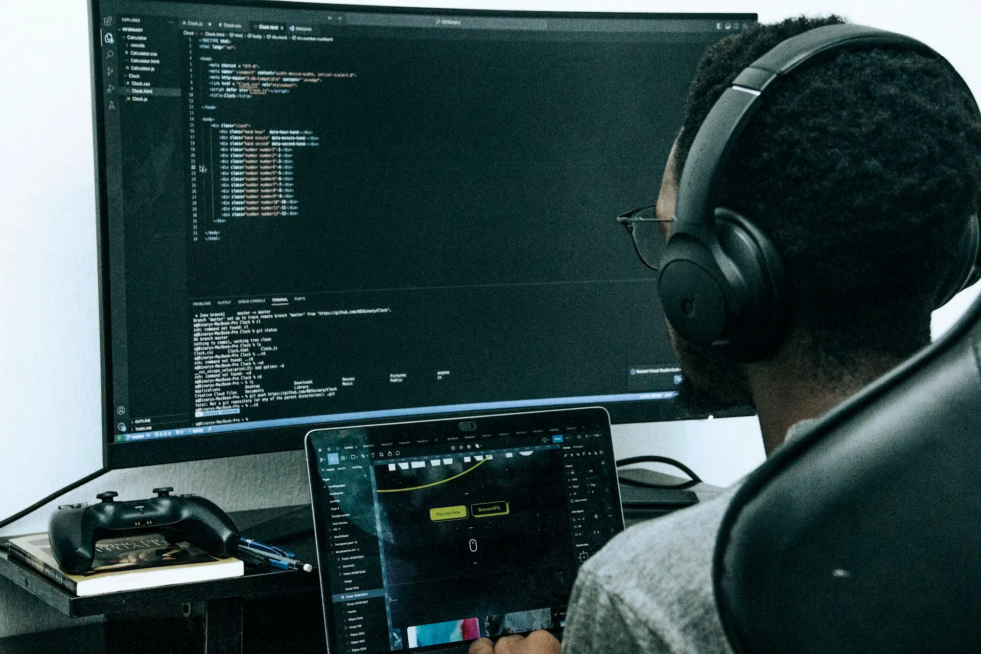 Developer workspace with multiple screens showing code, illustrative only